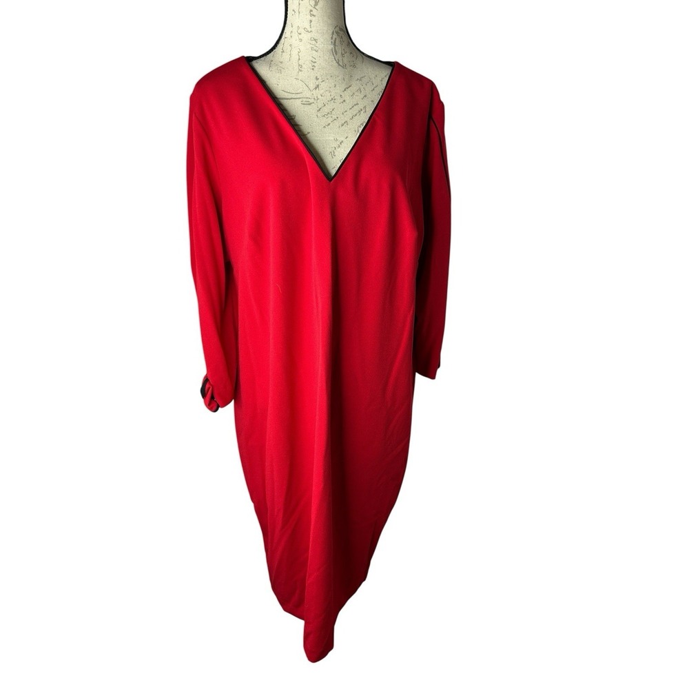 Calvin Klein Red Black Dress With Bow Sleeves V Neck Sheath Size‎ 16W NWT